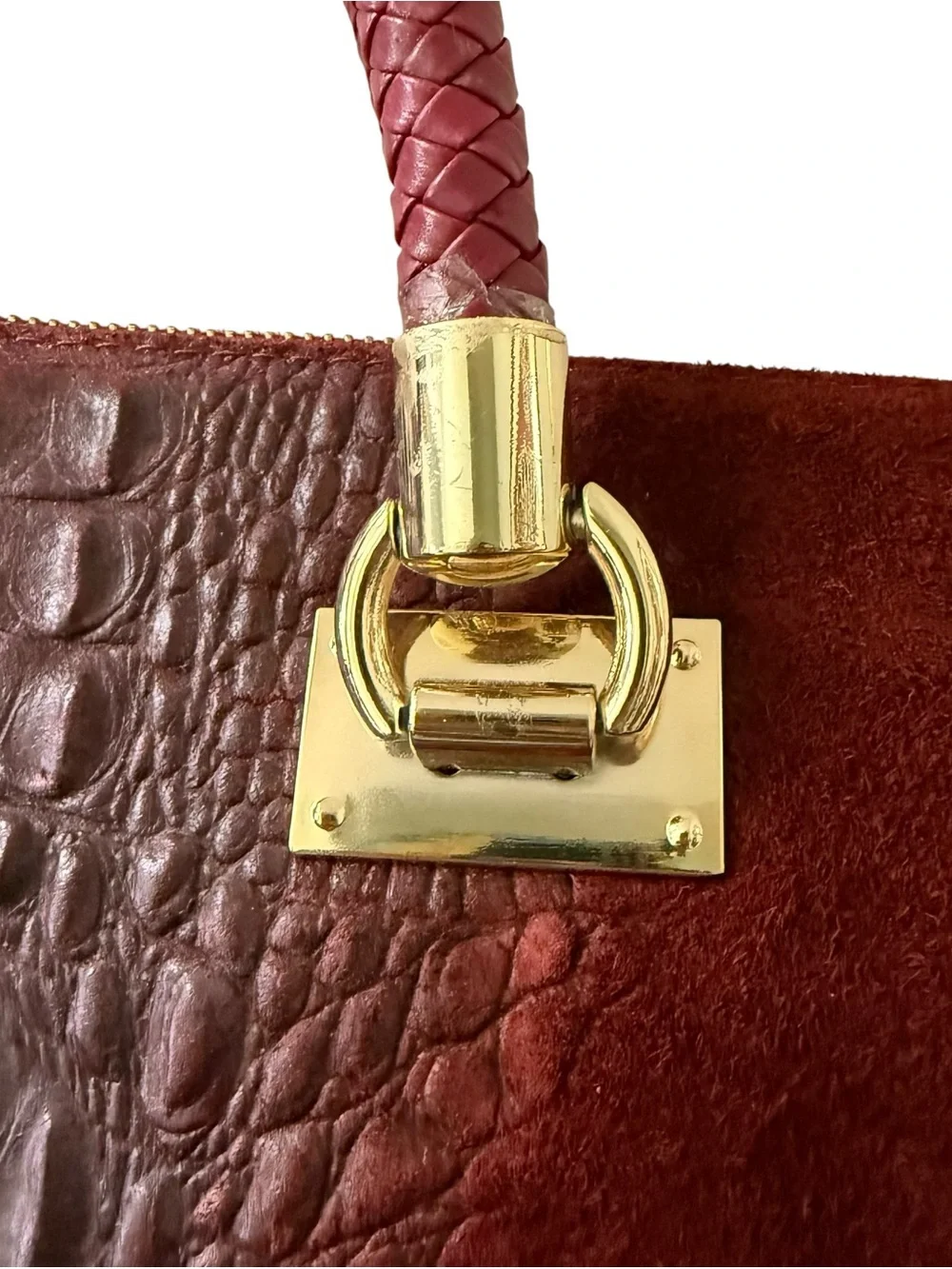 Vera Pelle Burgundy Croc-Embossed Suede Top-Handle Satchel